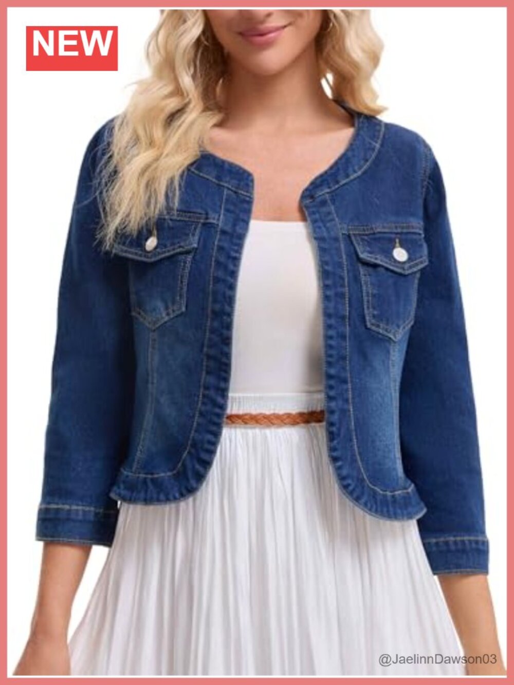 Women's Collarless Denim Jacket 3/4 Sleeve Button Down
